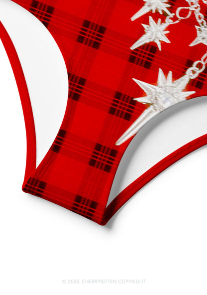 Red Plaid Silver Star Chain Y2K Print Bikini Set Cherrykitten