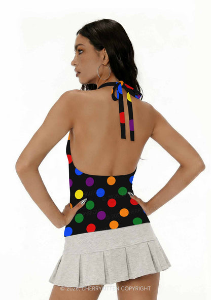 Rainbow Dots On Black Pride Y2K Print Halter Deep V Neck Cami Cherrykitten