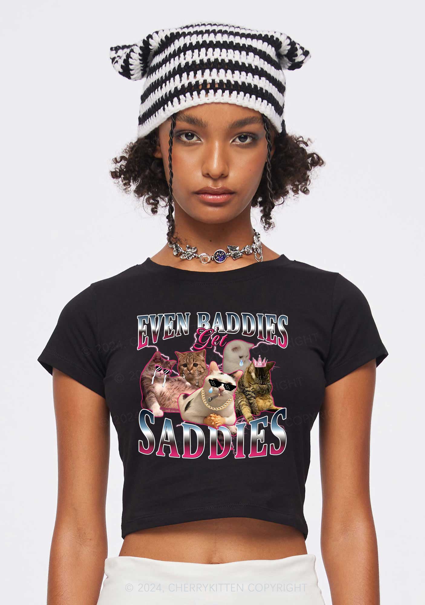 Five Baddie Cats Y2K Baby Tee Cherrykitten