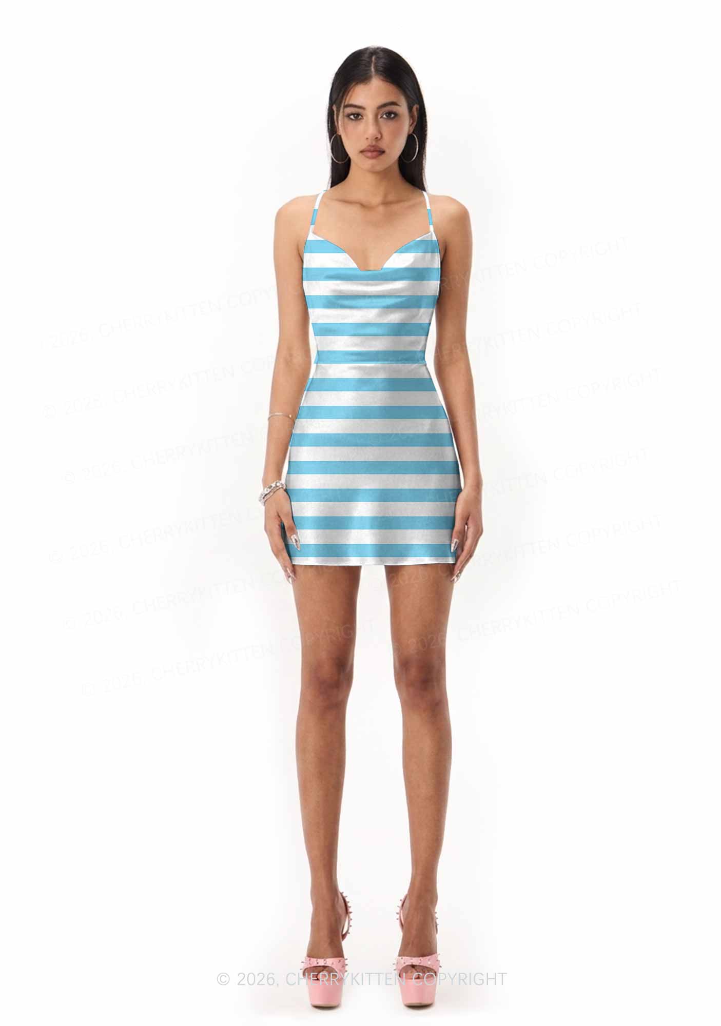 Blue And White Stripes Y2K Print Satin Cowl Neck Slip Dress Cherrykitten