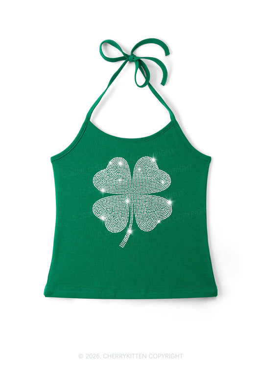 Rhinestone Four Leaf Clover St Patricks Y2K Halter Neck Cami Cherrykitten