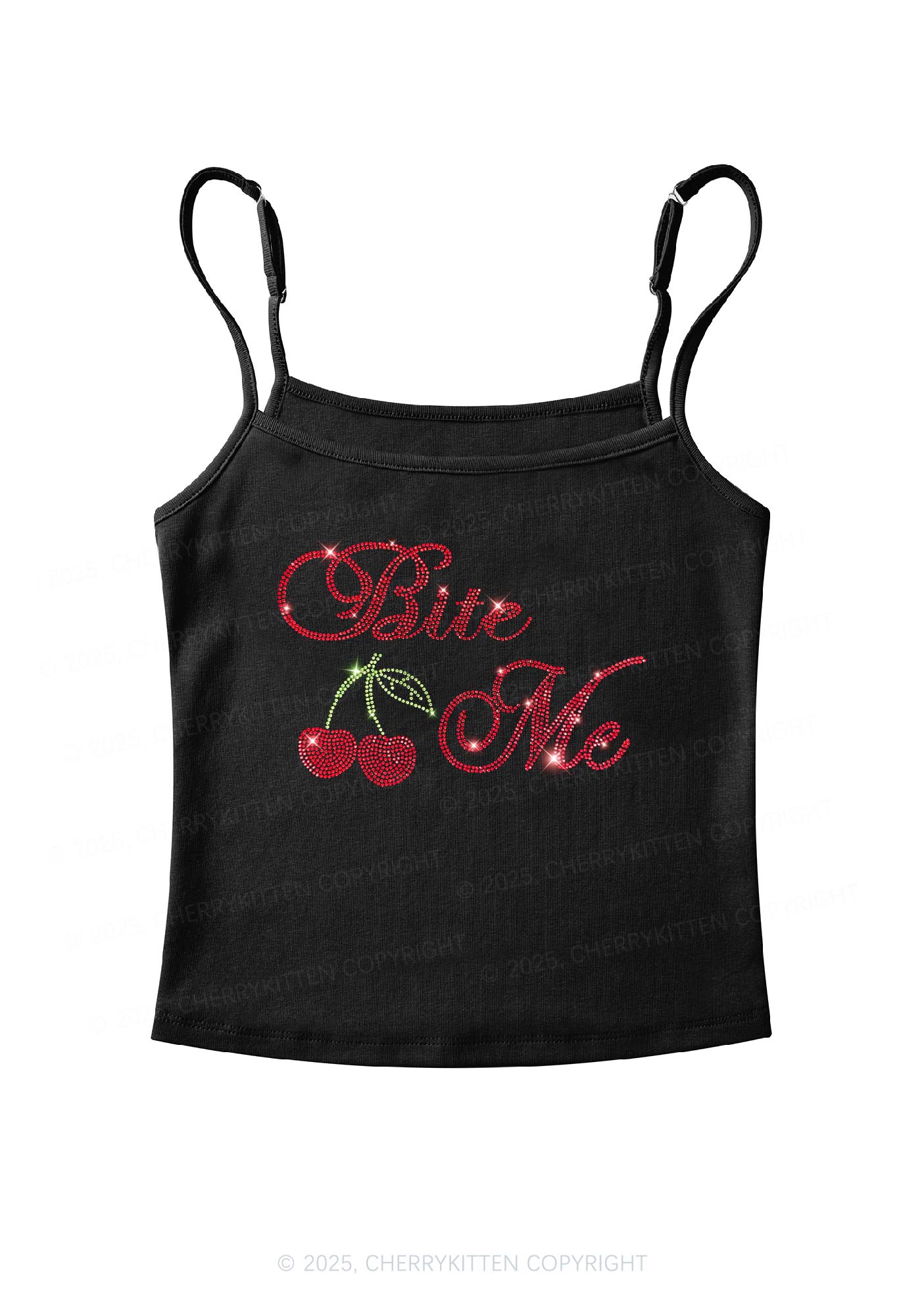 Rhinestone Red Cherry Bite Me Y2K Spaghetti Strap Cami Cherrykitten