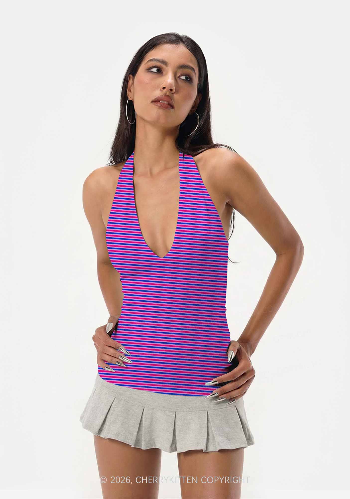Bisexual Stripes Pride Y2K Print Halter Deep V Neck Cami Cherrykitten