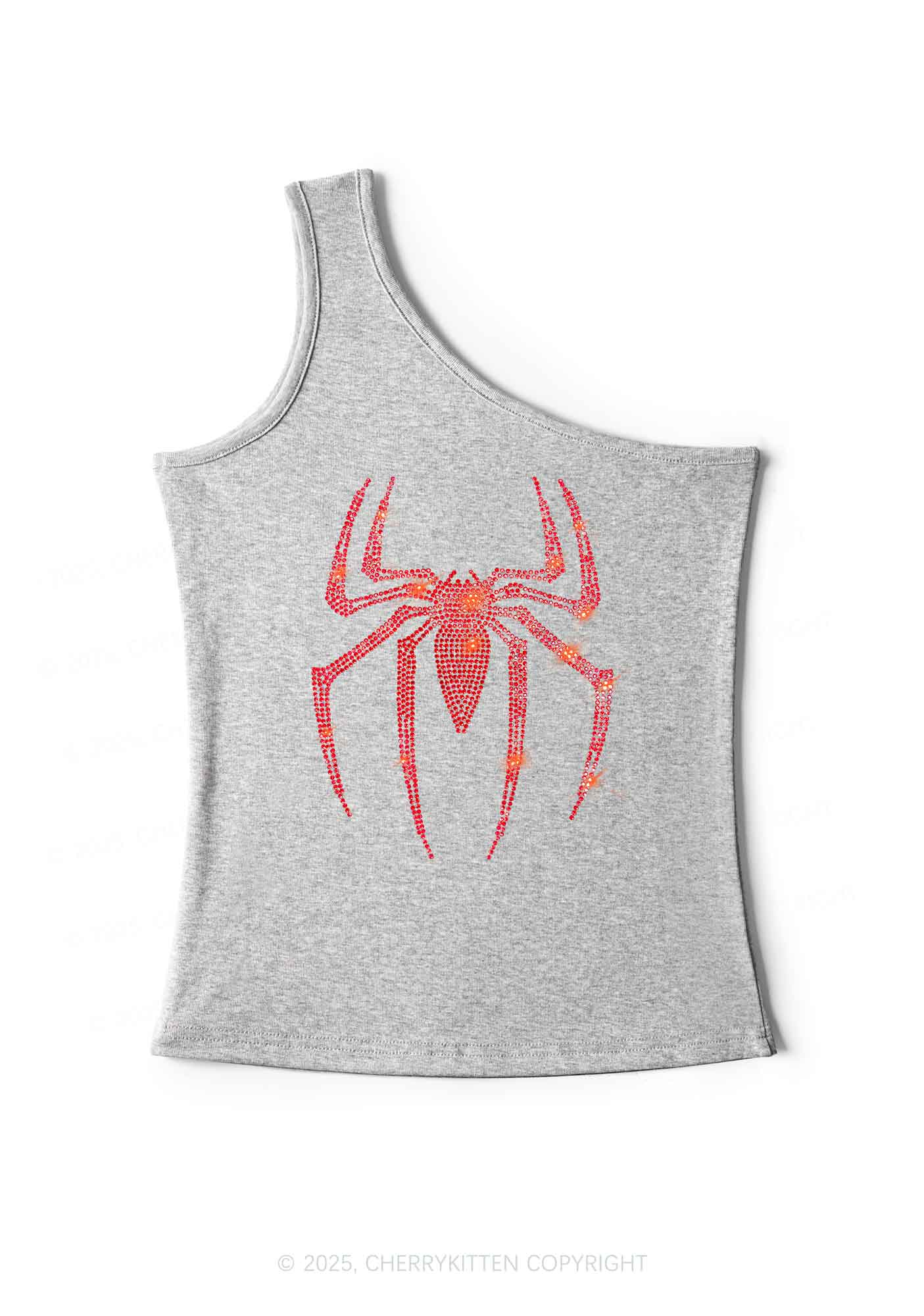 Rhinestone Red Spider Y2K One Shoulder Tank Top Cherrykitten