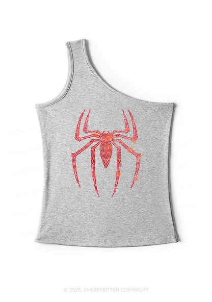 Rhinestone Red Spider Y2K One Shoulder Tank Top Cherrykitten