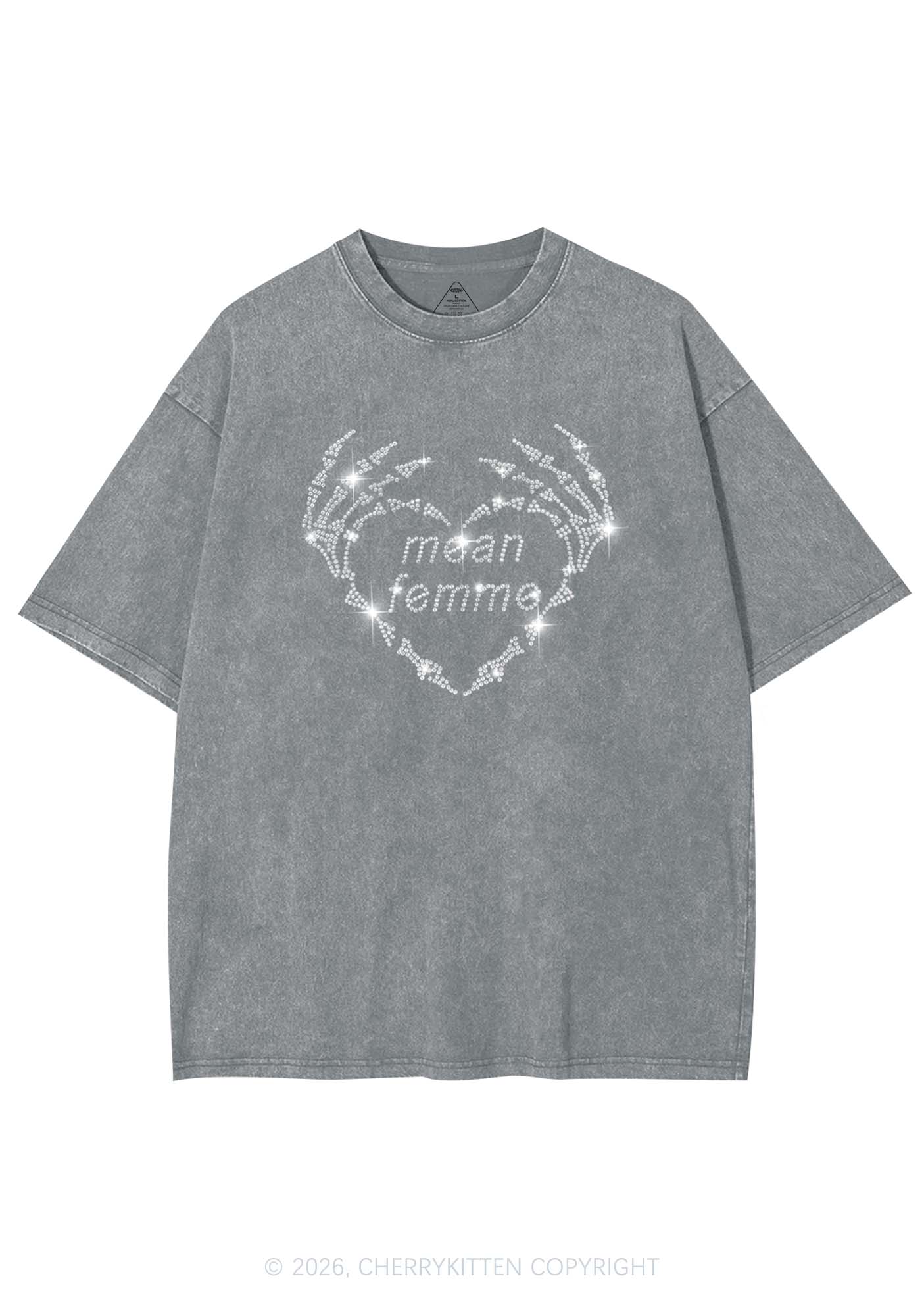 Rhinestone Mean Femme Skeleton Heart Pride Y2K Shirts Washed Tee Cherrykitten