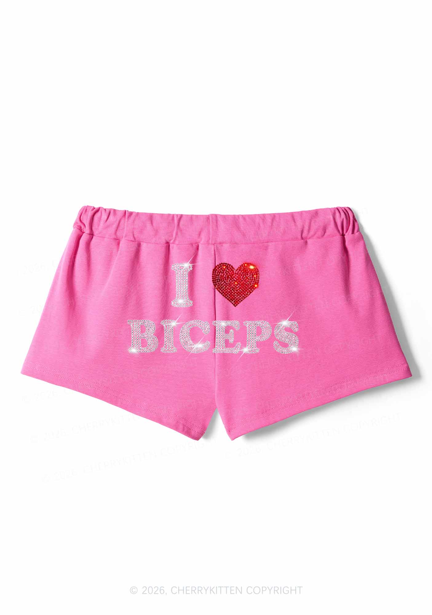 Rhinestone I Love Biceps Y2K Drawstring Mini Shorts Cherrykitten
