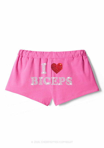 Rhinestone I Love Biceps Y2K Drawstring Mini Shorts Cherrykitten