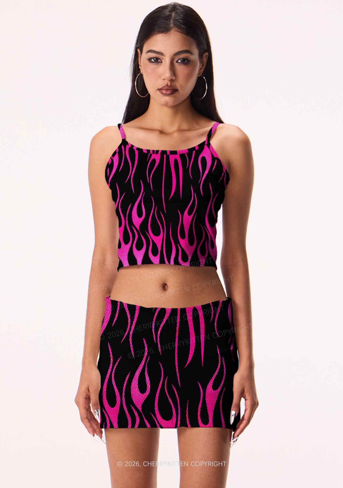 Hot Pink Flame Y2K Print Mini Skirt Cherrykitten