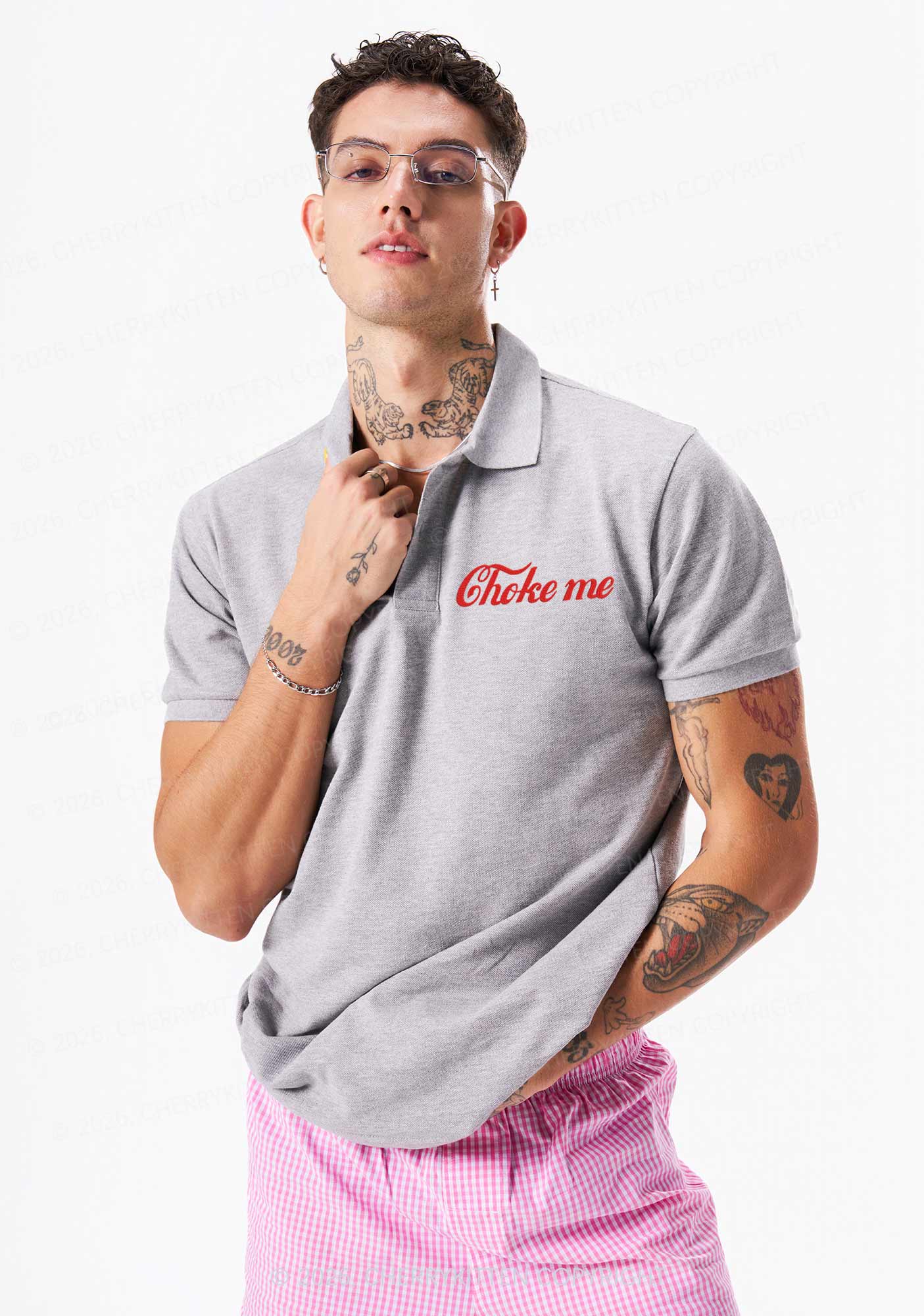 Embroidered Choke Me Y2K Polo Shirts Cherrykitten