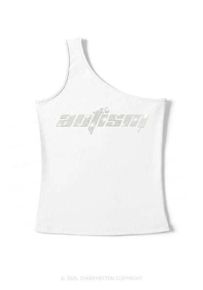Rhinestone Autism Y2K One Shoulder Tank Top Cherrykitten