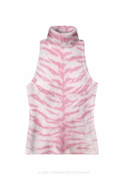 Pink Tiger Stripe Y2K Knit Turtleneck Tank Top Cherrykitten