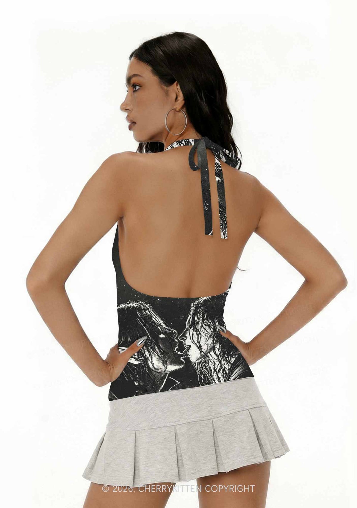 Halloween Two Vampire Figures Y2K Print Halter Deep V Neck Cami Cherrykitten