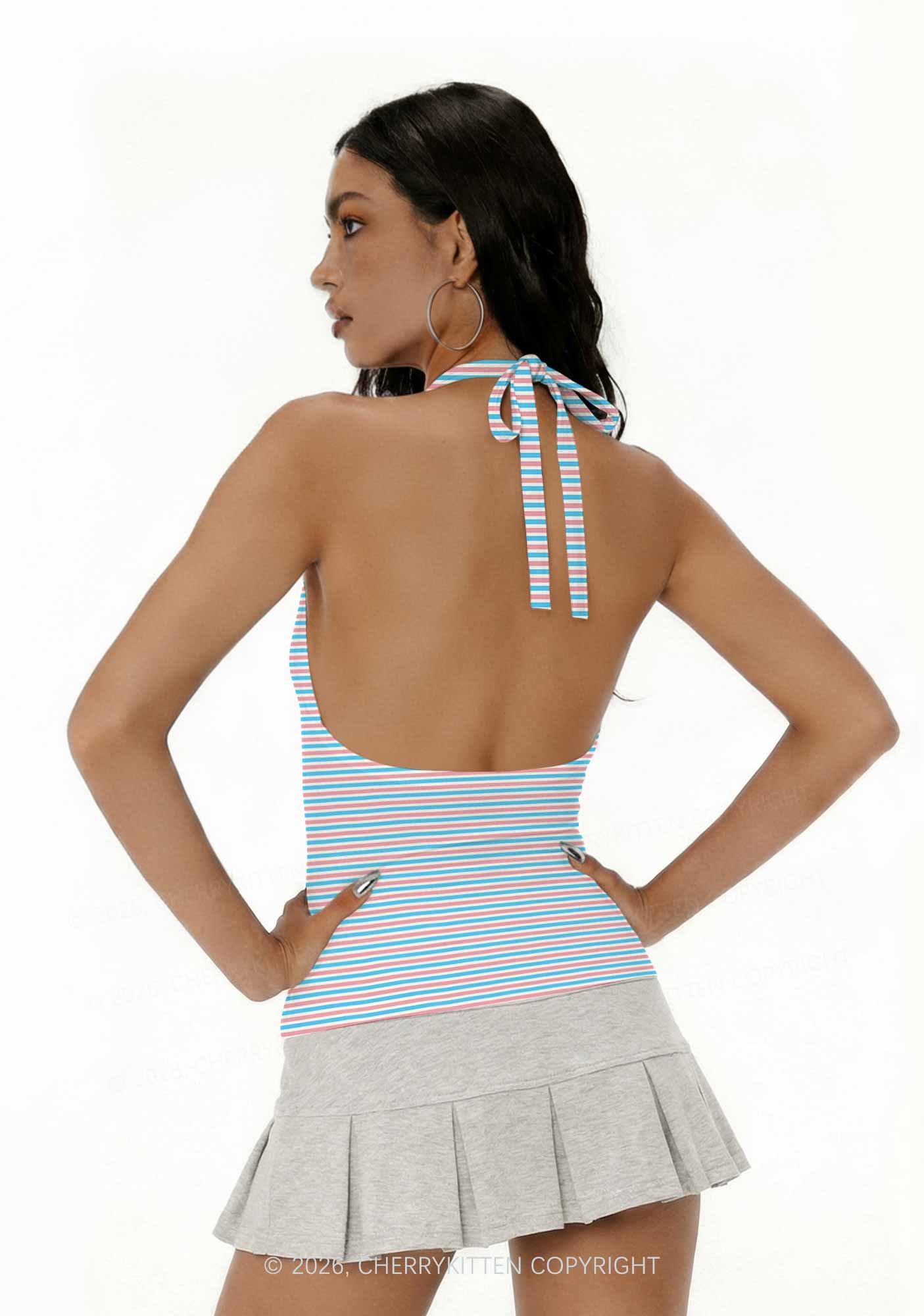 Trans Stripes Pride Y2K Print Halter Deep V Neck Cami Cherrykitten