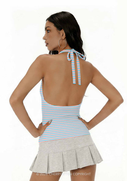 Trans Stripes Pride Y2K Print Halter Deep V Neck Cami Cherrykitten