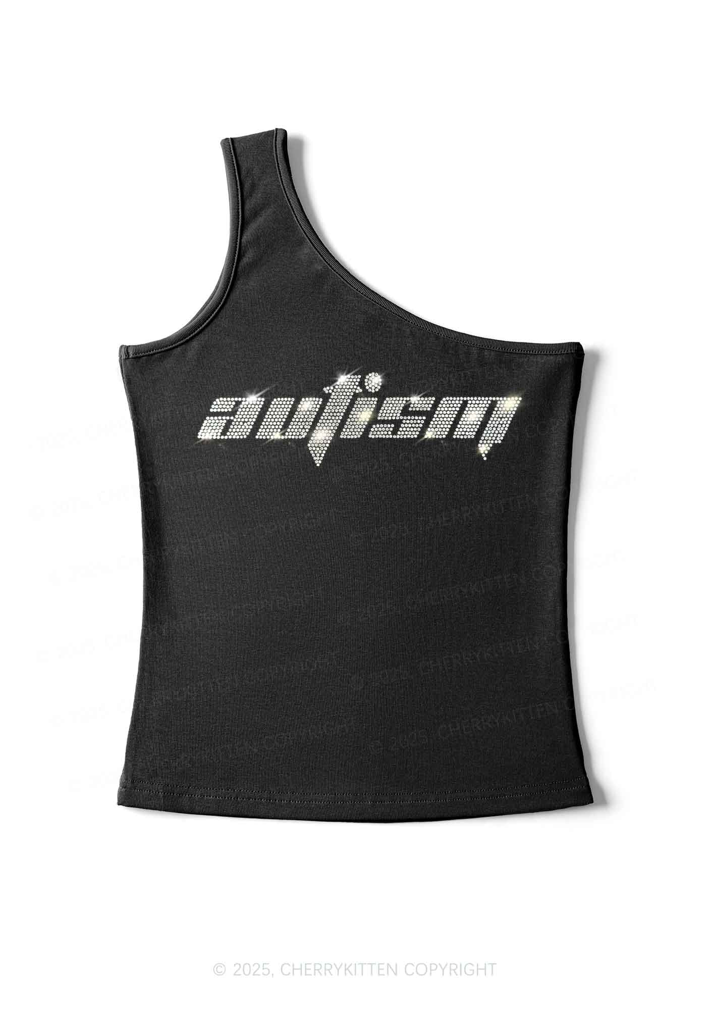 Rhinestone Autism Y2K One Shoulder Tank Top Cherrykitten