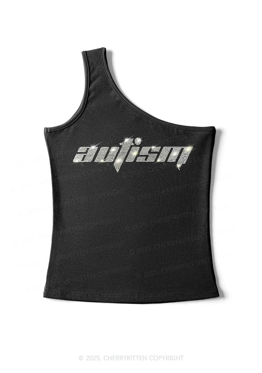 Rhinestone Autism Y2K One Shoulder Tank Top Cherrykitten