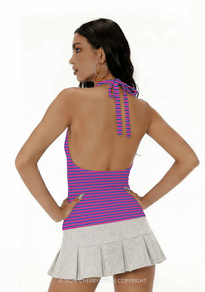 Bisexual Stripes Pride Y2K Print Halter Deep V Neck Cami Cherrykitten