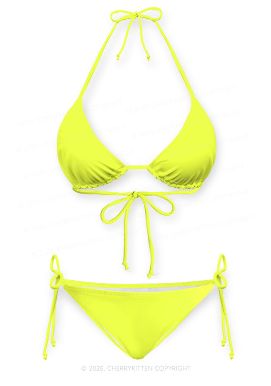 Lime Yellow Plain Y2K Print Bikini Set Cherrykitten