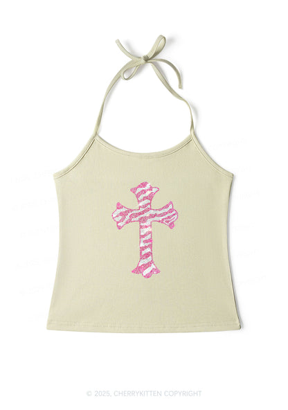 Rhinestone Pink Cross Y2K Halter Neck Cami Cherrykitten