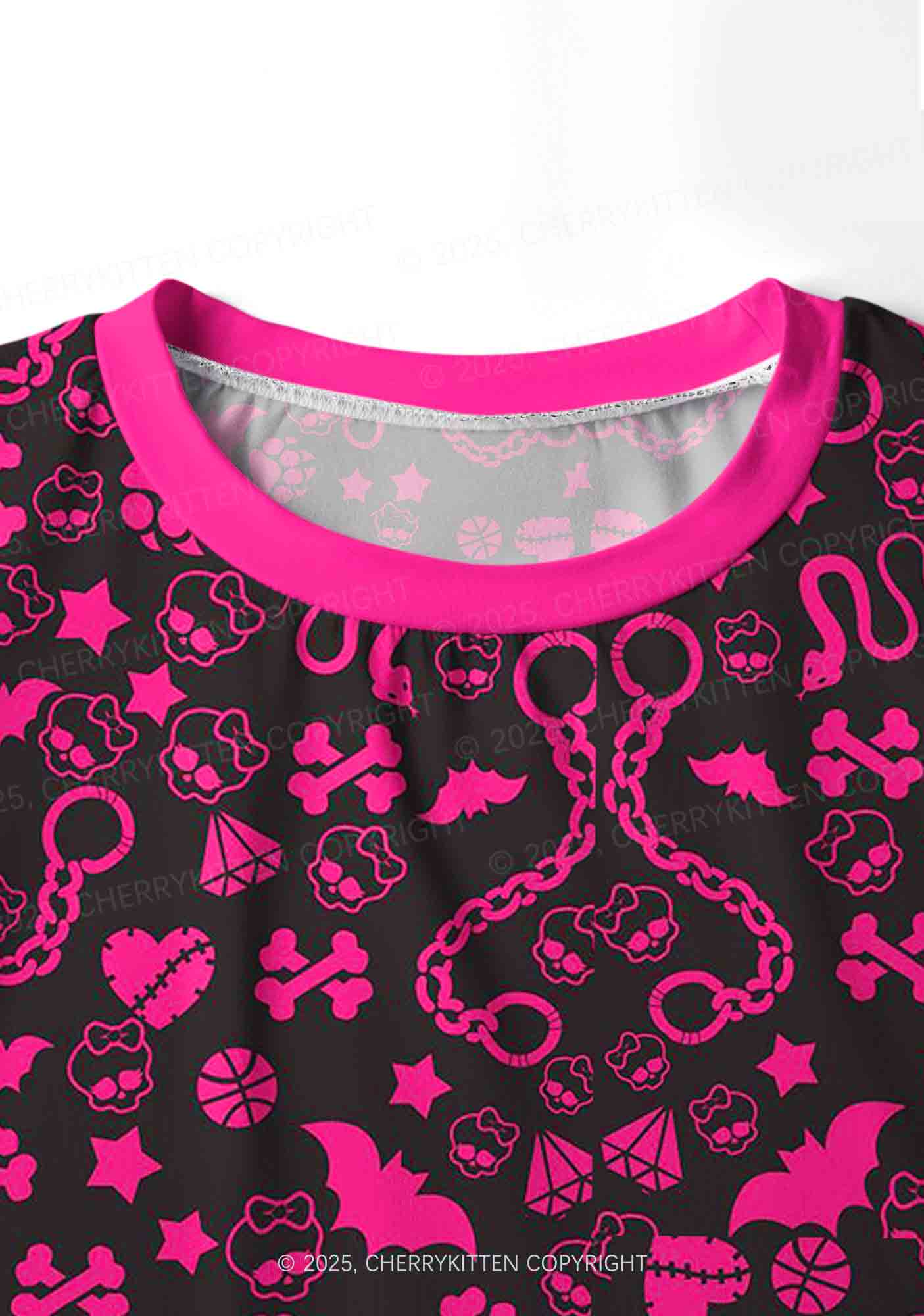 Chains And Bats Valentine's Day Y2K Print Long Sleeve Pajama Set Cherrykitten