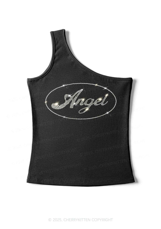 Rhinestone Angel Y2K One Shoulder Tank Top Cherrykitten