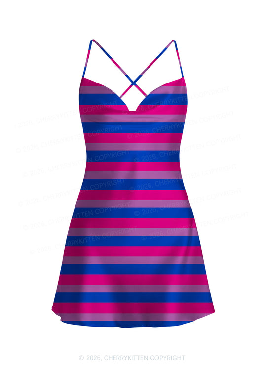 Bisexual Stripes Pride Y2K Print Satin Cowl Neck Slip Dress Cherrykitten