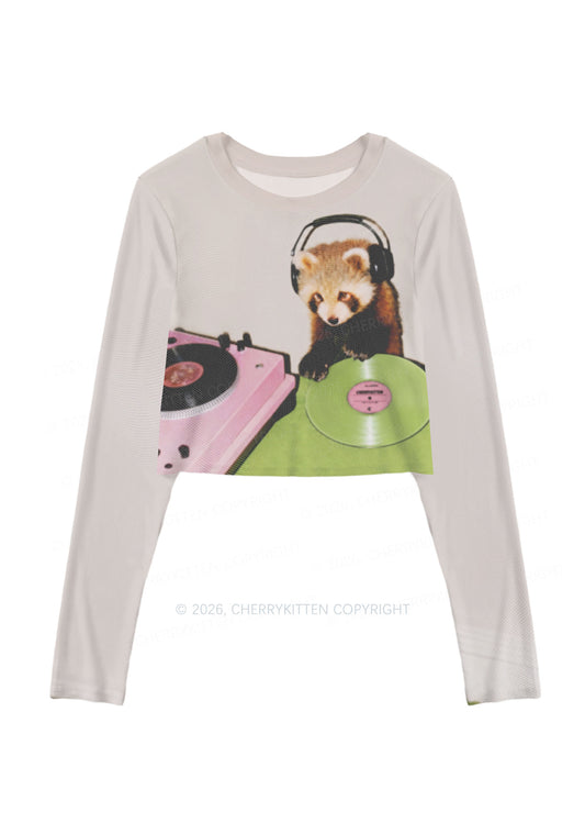 Red Panda DJ Y2K Mesh Long Sleeve Crop Top Cherrykitten
