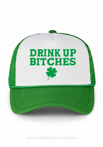 Drink Up Bxxch St Patricks Y2K Colorblock Trucker Hat Cherrykitten