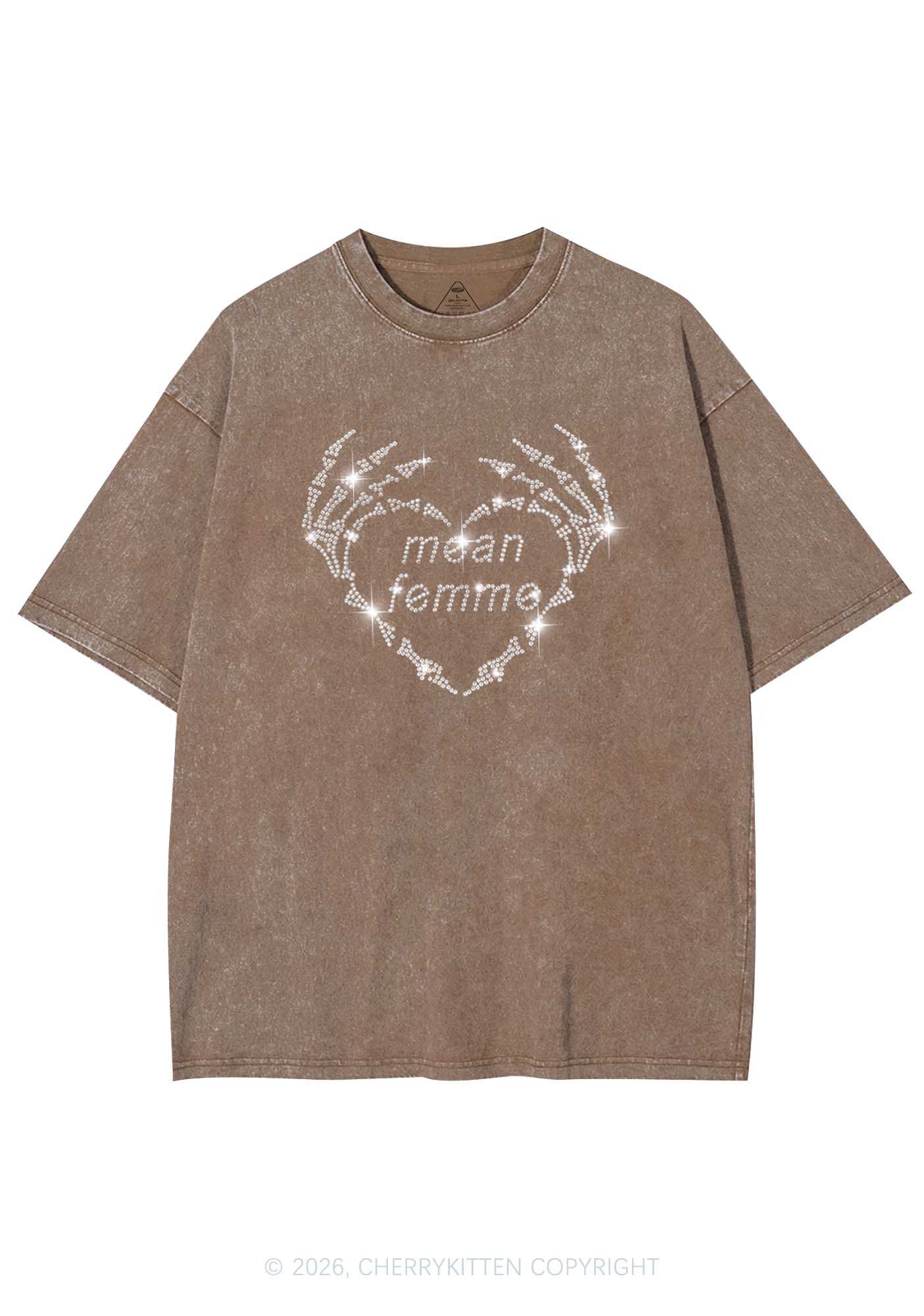 Rhinestone Mean Femme Skeleton Heart Pride Y2K Shirts Washed Tee Cherrykitten