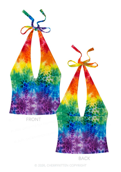 Rainbow Leopard Tie Dye Pride Y2K Print Halter Deep V Neck Cami Cherrykitten