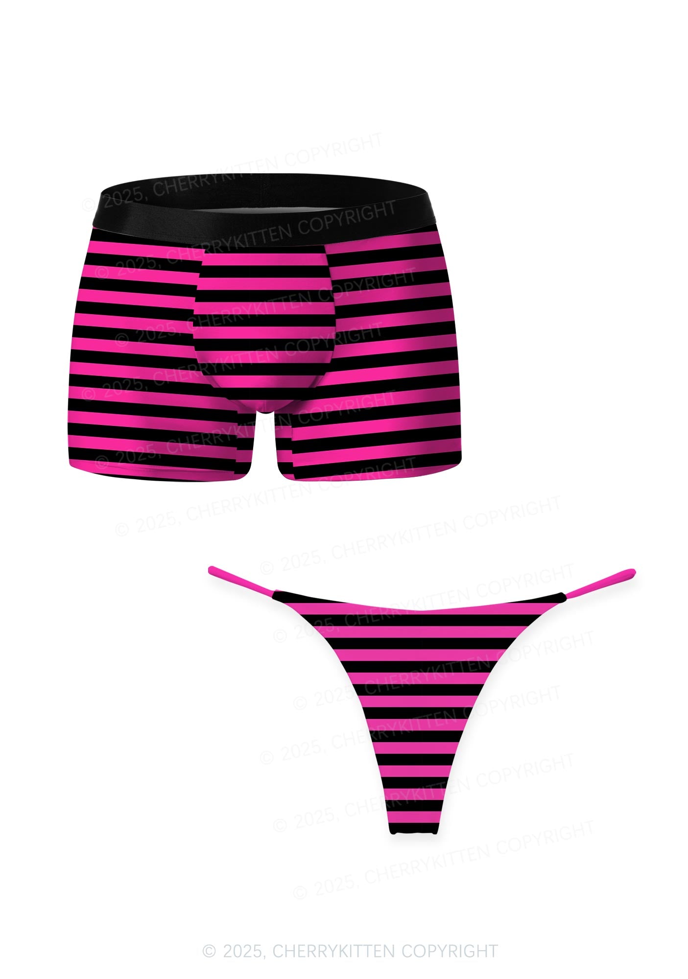 Pink And Black Stripe Valentine's Day Y2K Print Couples Boxer Thong Set Cherrykitten