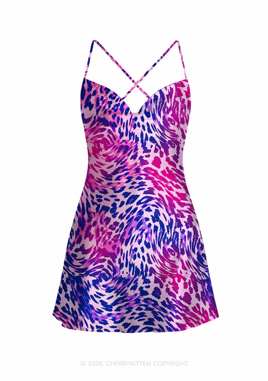 Bisexual Leopard Pride Y2K Print Satin Cowl Neck Slip Dress Cherrykitten