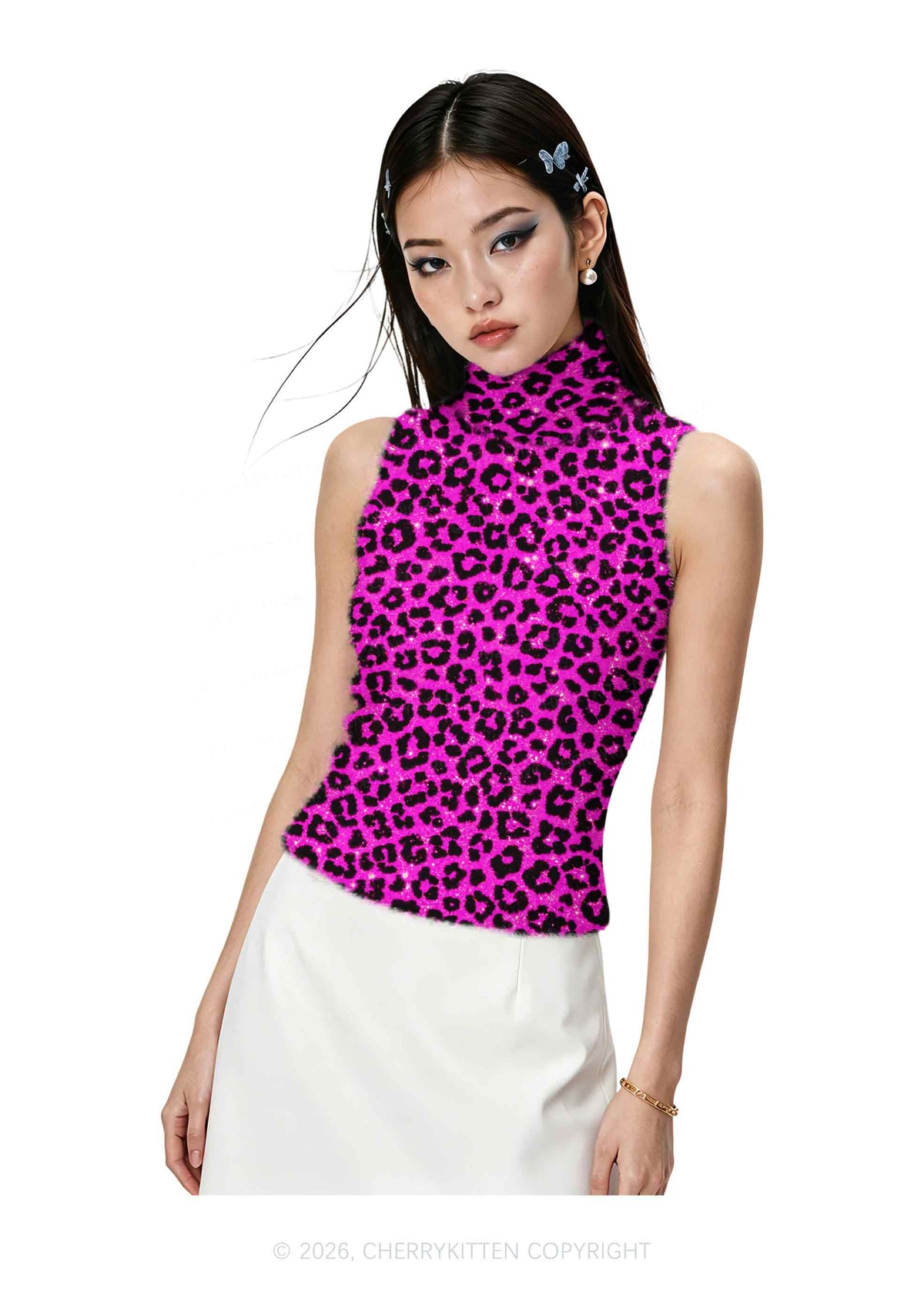 Hot Pink Leopard Y2K Knit Turtleneck Tank Top Cherrykitten