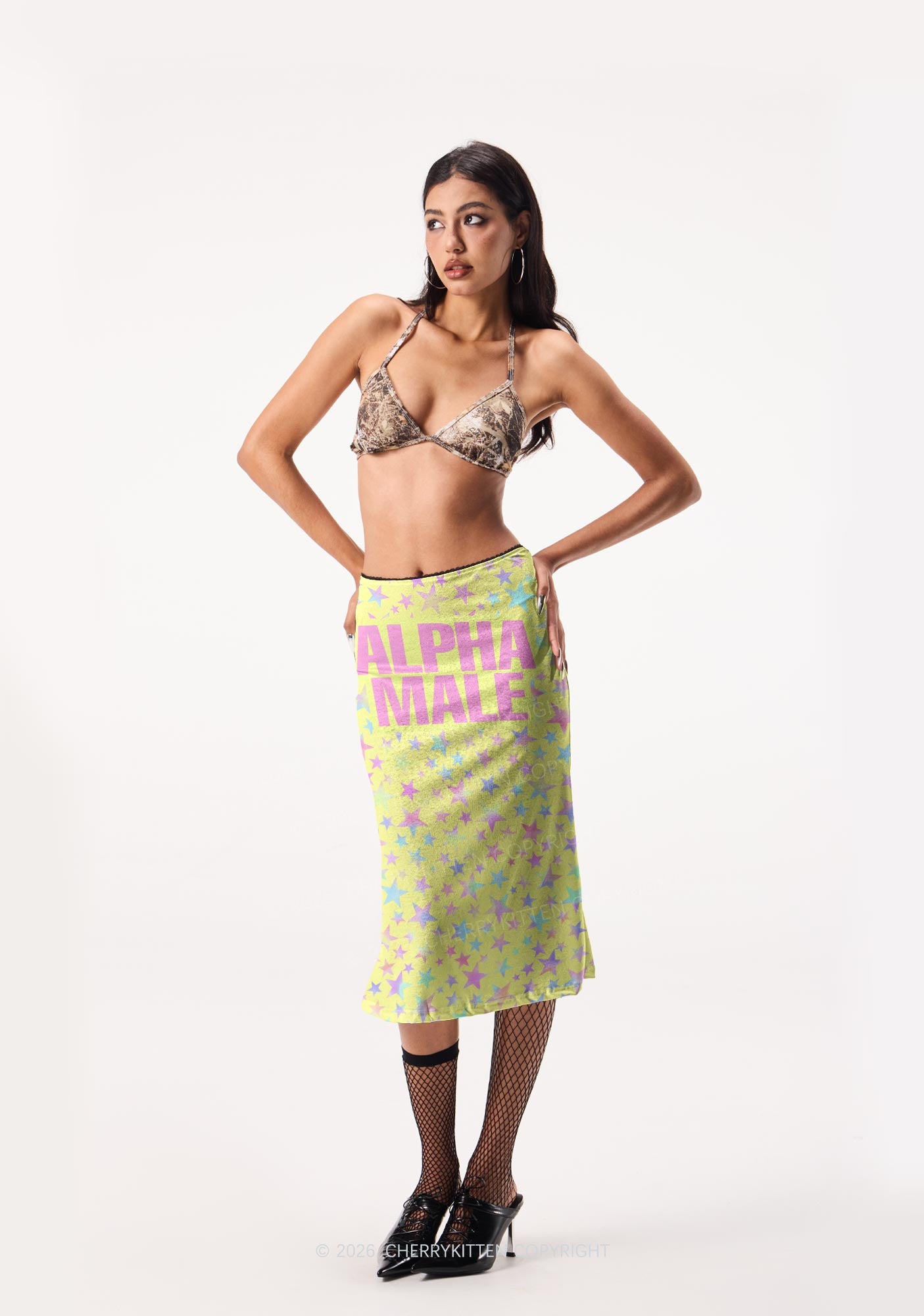 Pale Yellow Alpha Male Pride Y2K Print Midi Skirt Cherrykitten
