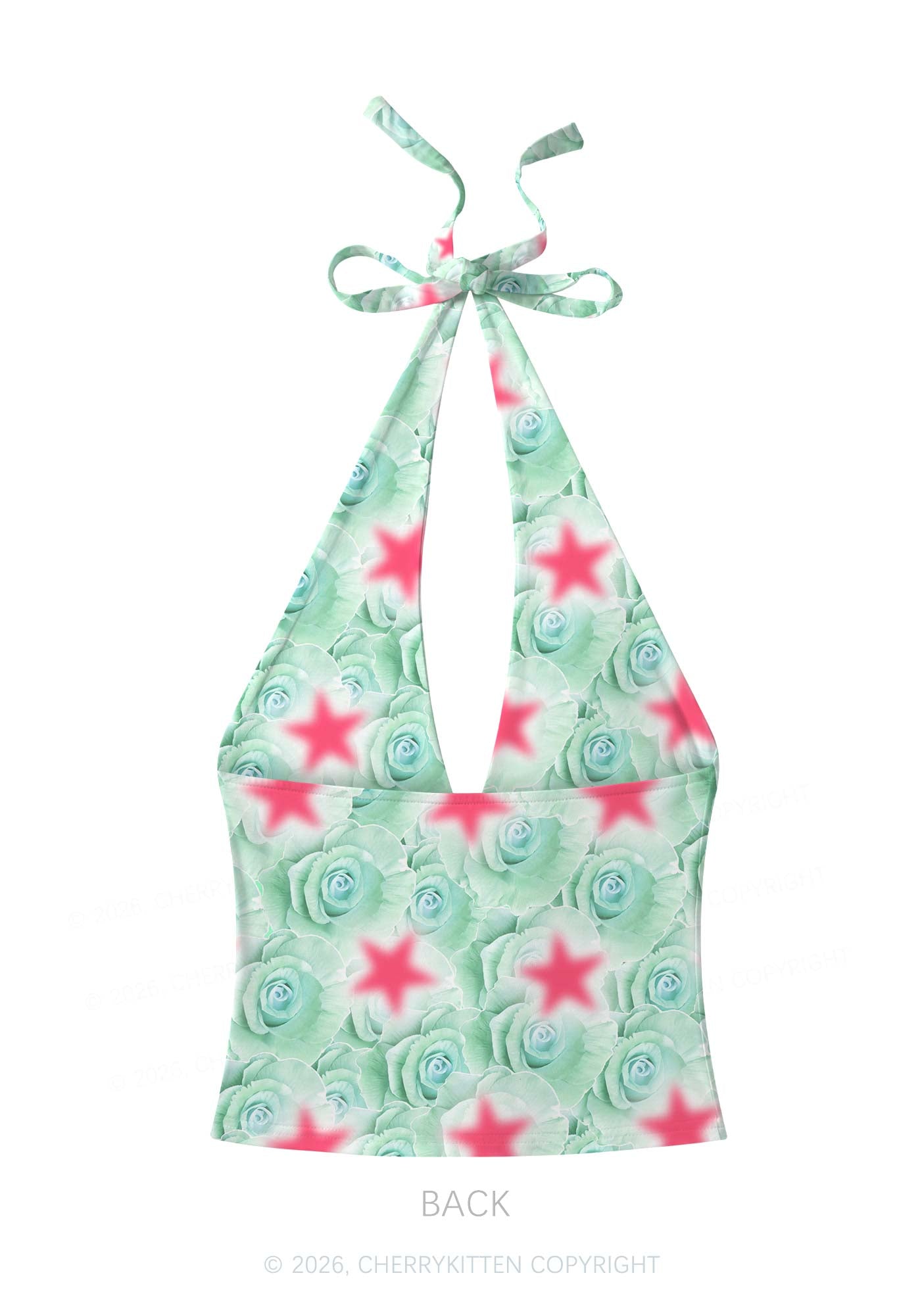 Mint Green Rose Pink Star Y2K Print Halter Deep V Neck Cami Cherrykitten