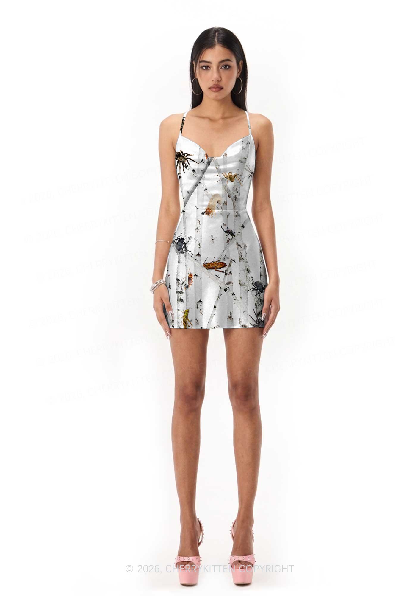 Insects On Birch Y2K Print Satin Cowl Neck Slip Dress Cherrykitten