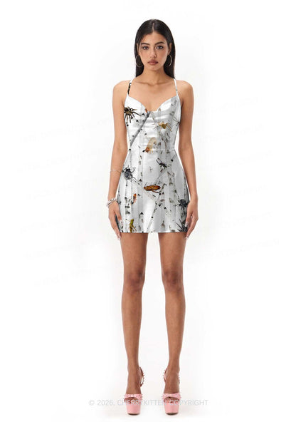 Insects On Birch Y2K Print Satin Cowl Neck Slip Dress Cherrykitten