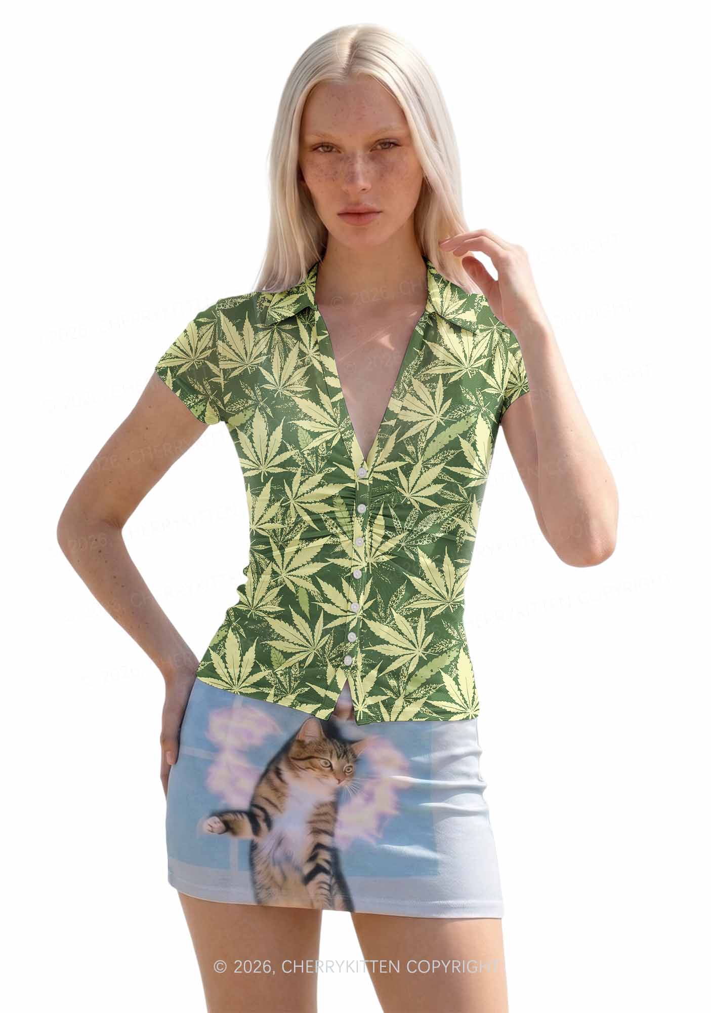 Green Wxxd Leaf Y2K Mesh Ruched  Waist  V Neck Top Cherrykitten