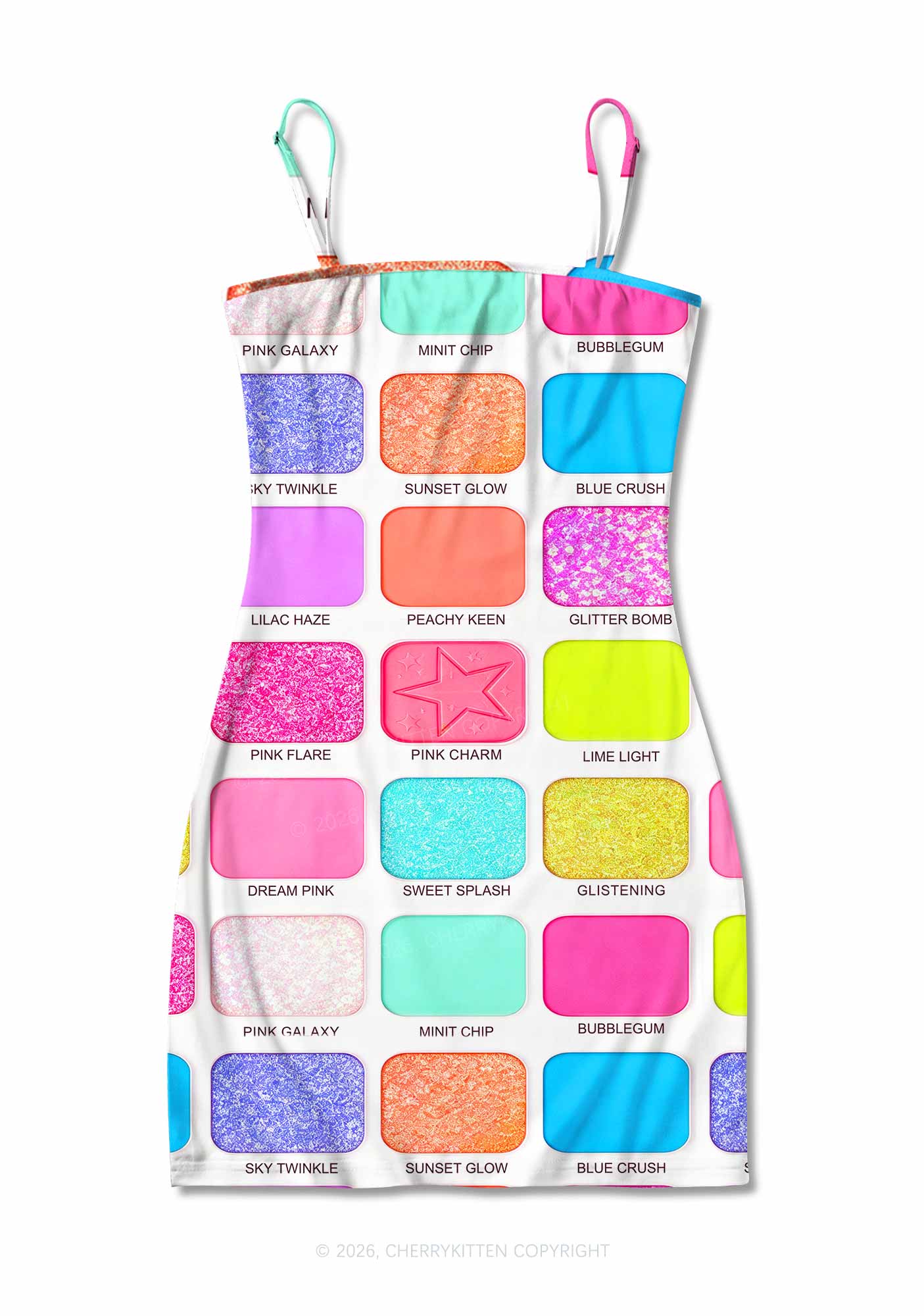Faux Eyeshadow Palette Y2K Print Slip Dress Cherrykitten