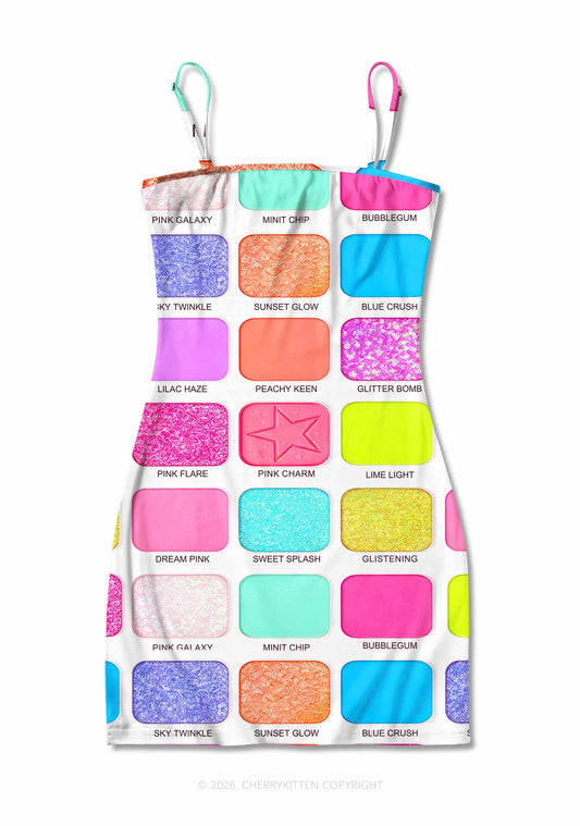 Faux Eyeshadow Palette Y2K Print Slip Dress Cherrykitten