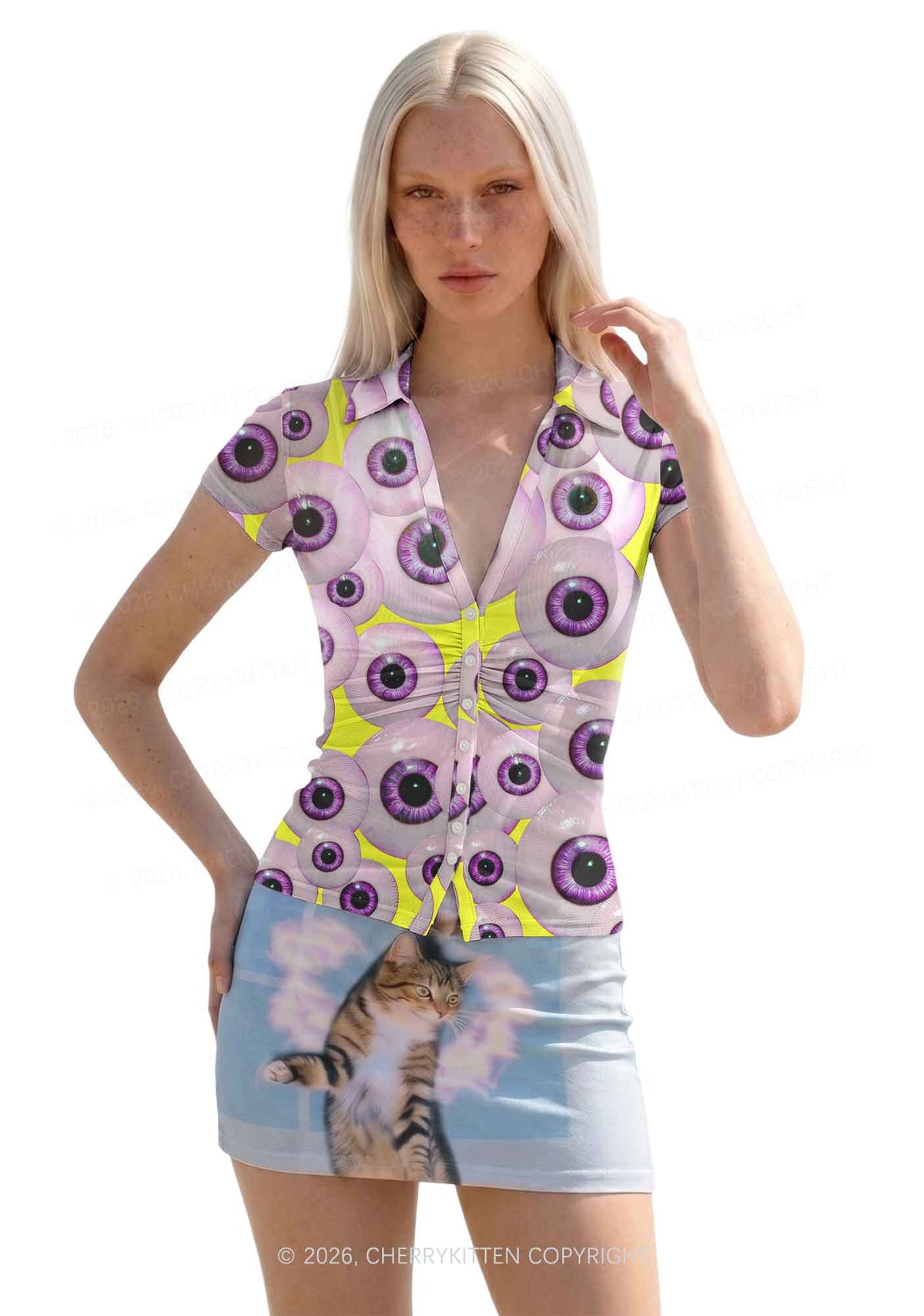 Halloween Purple Eyeballs Y2K Mesh Ruched Waist V Neck Top Cherrykitten