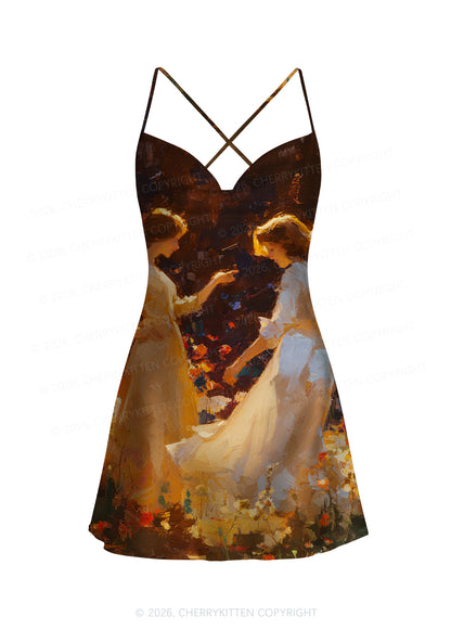 Dancing In Garden Pride Y2K Print Satin Cowl Neck Slip Dress Cherrykitten