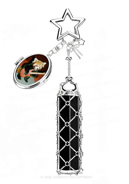 Guitar Raccoon 1pc Y2K Metal Mesh Lipstick Holder Keychain With Mirror Cherrykitten