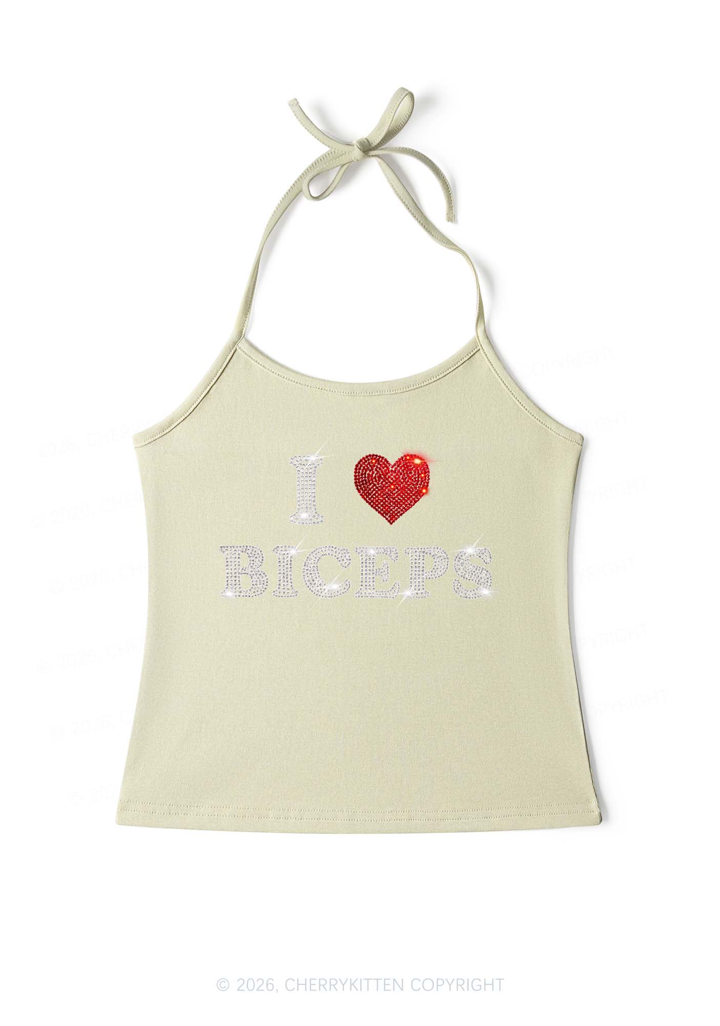Rhinestone I Love Biceps Y2K Halter Neck Cami Cherrykitten