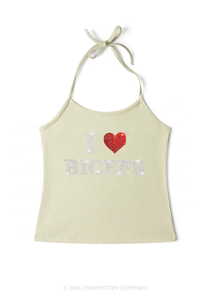 Rhinestone I Love Biceps Y2K Halter Neck Cami Cherrykitten
