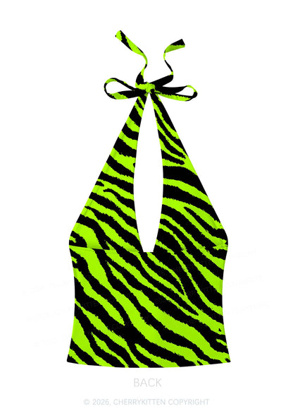 Green Zebra Y2K Print Halter Deep V Neck Cami Cherrykitten