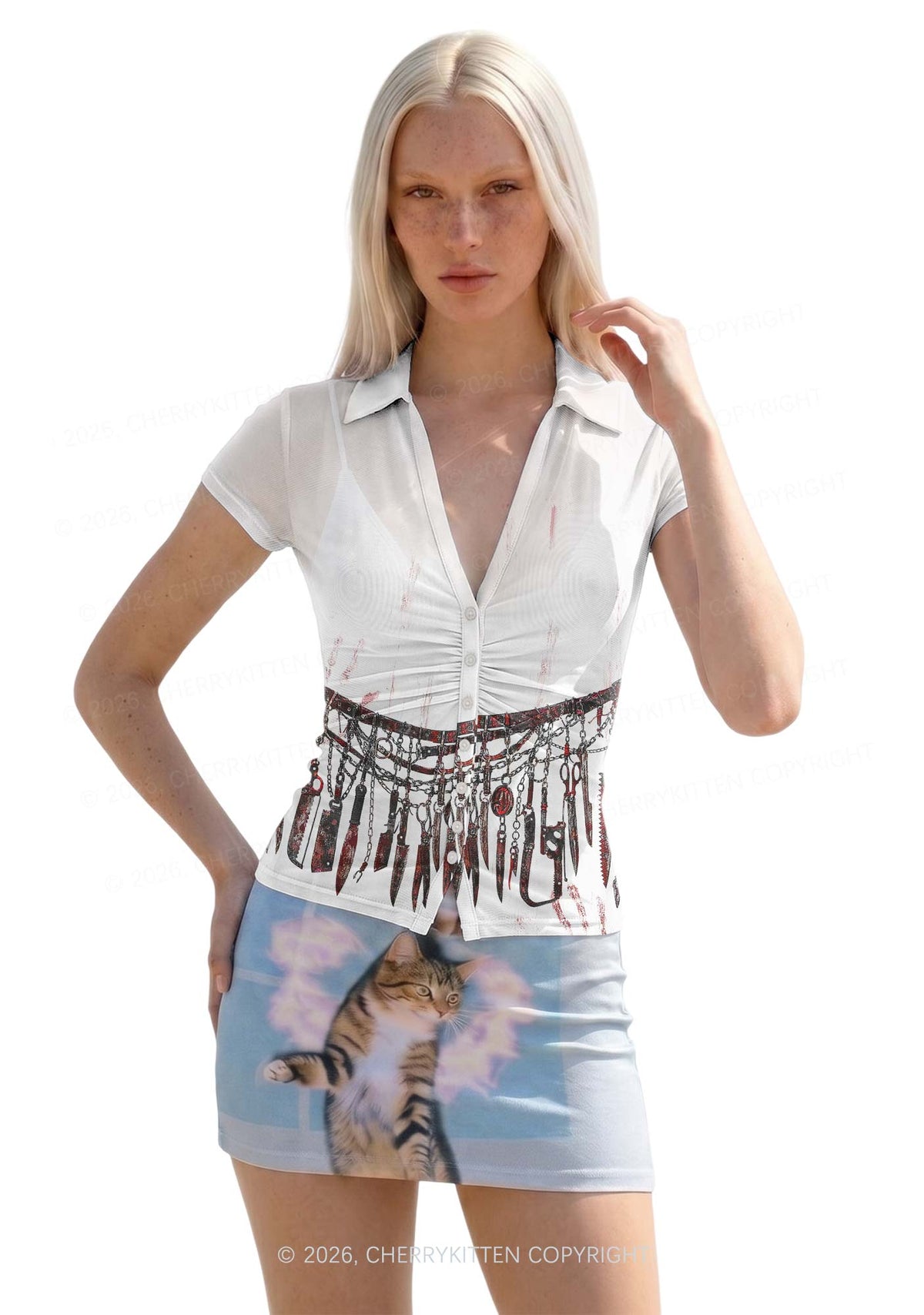 Halloween Bloody Weapon Chains Y2K Mesh Ruched Waist V Neck Top Cherrykitten
