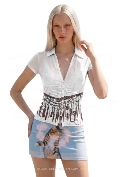 Halloween Bloody Weapon Chains Y2K Mesh Ruched Waist V Neck Top Cherrykitten