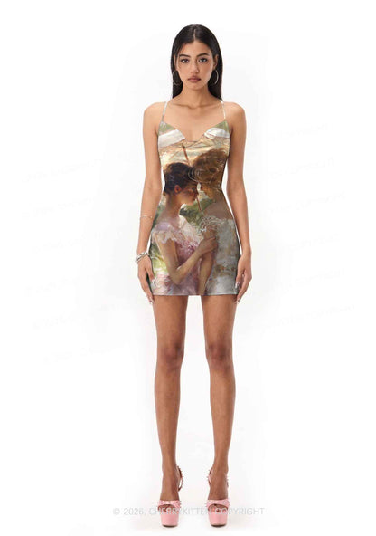 Umbrella Couple Pride Y2K Print Satin Cowl Neck Slip Dress Cherrykitten